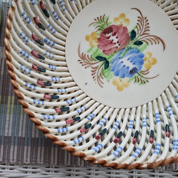 Vintage Reticulated Lattice Decorative Ceramic Bowl Hand Painted Made In Spain - Picture 4 of 15